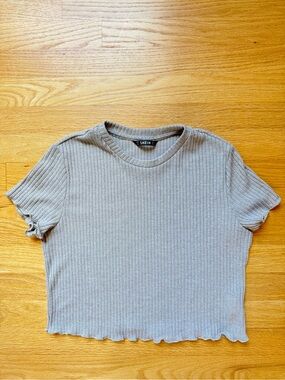 SHEIN Ribbed Lettuce-Hem Short Sleeve Tee in gray